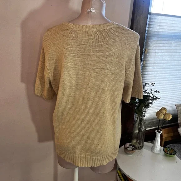 Americana American Flag Short Sleeve Knit Sweater Beige Crew Neck Grandmacore - Picture 9 of 12